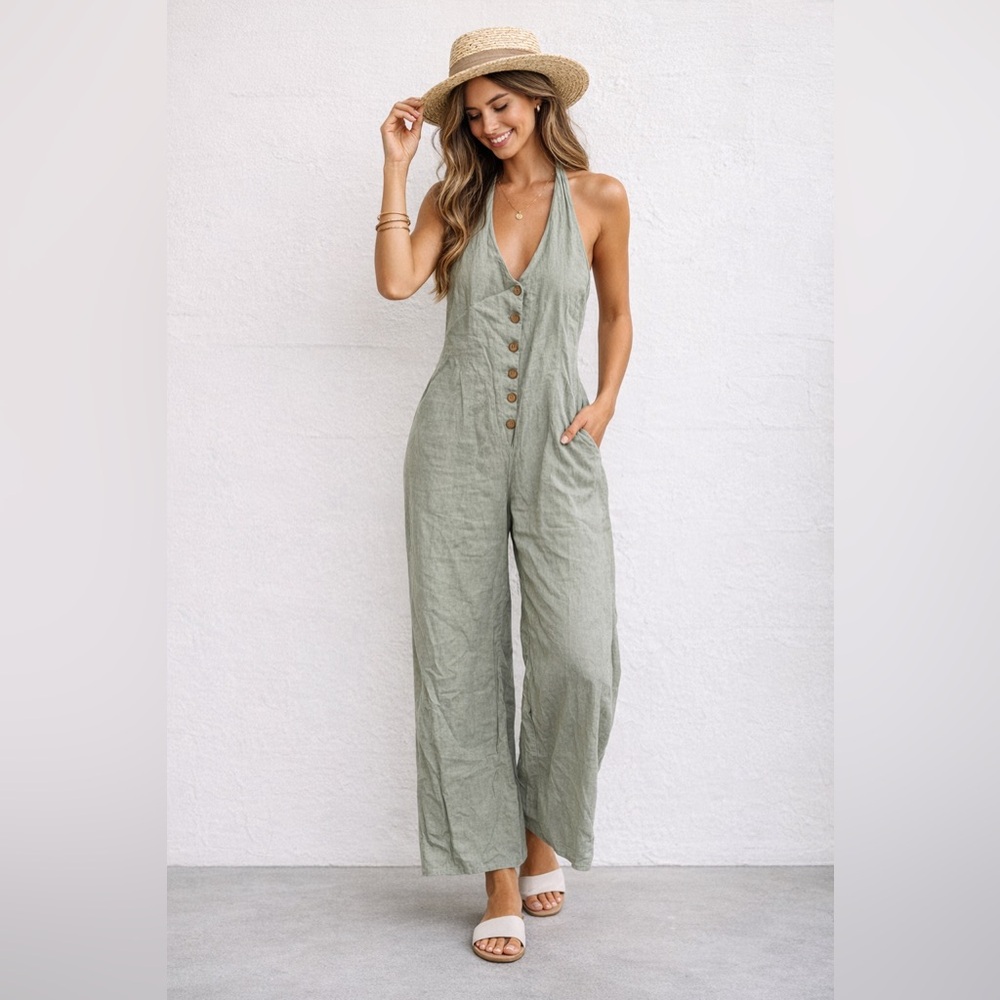 Gypsies & Moondust Halter Linen Blend Jumpsuit Button Front Wide Leg Sage Green